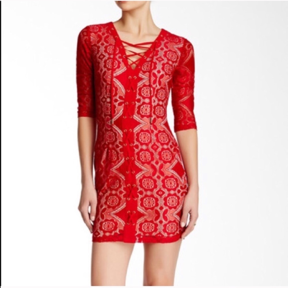 NWOT red lace up dress L Mini Dresses Large 3/4 sleeve cut Going Out Party Weddi